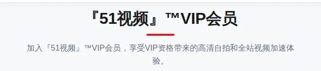51视频官网VIP页的标题条：『51视频』VIP会员字样配一条红色短下划线，下方是一句权益概述